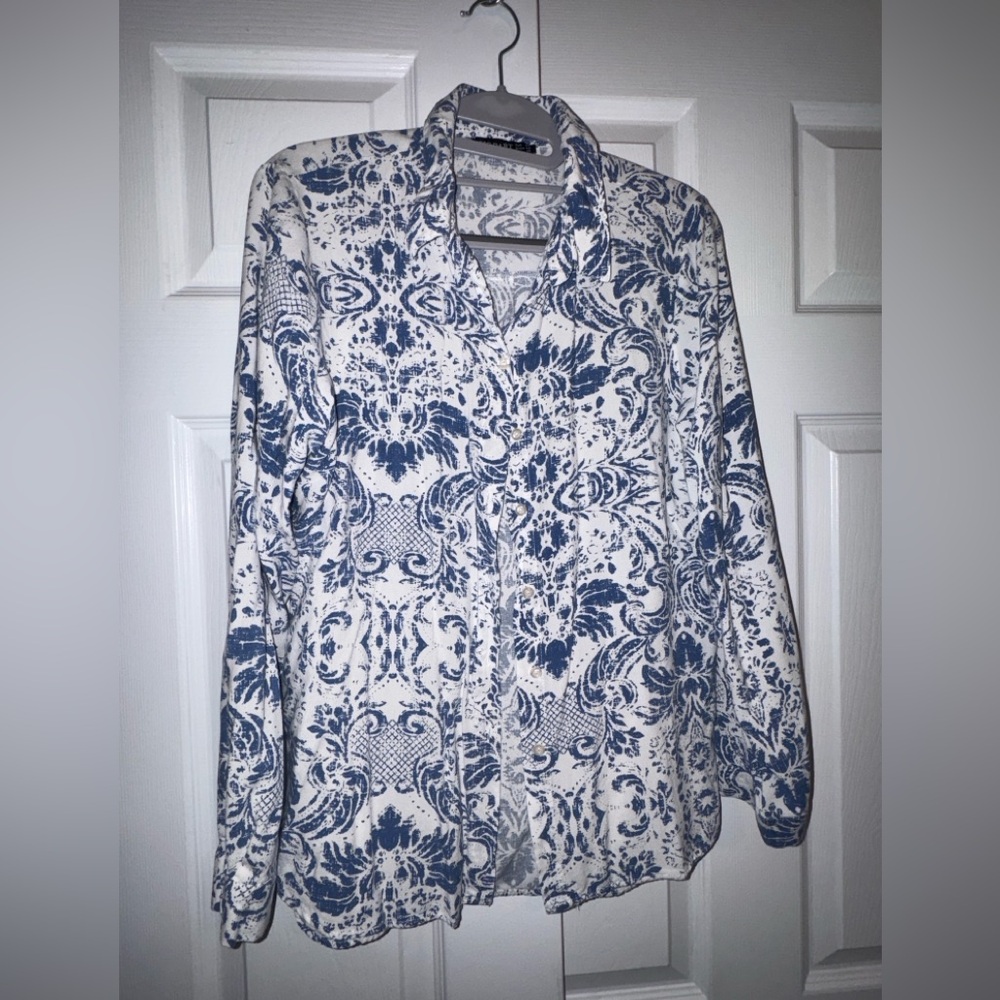 BIG DART Blue & Ivory Baroque Print Button Front Blouse Size L